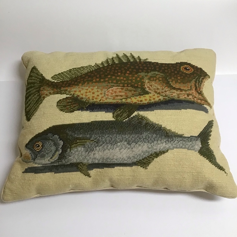Needlepoint Throw Pillow Two Fish Bahamas Mark Catesby 16x20 Wool Velvet Zip Sea